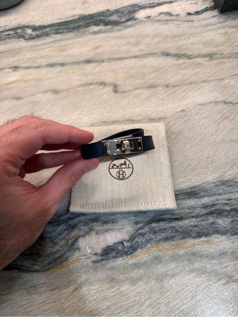 Hermès Kelly Double Tour T3 Blue Leather Bracelet Palladium Hardware